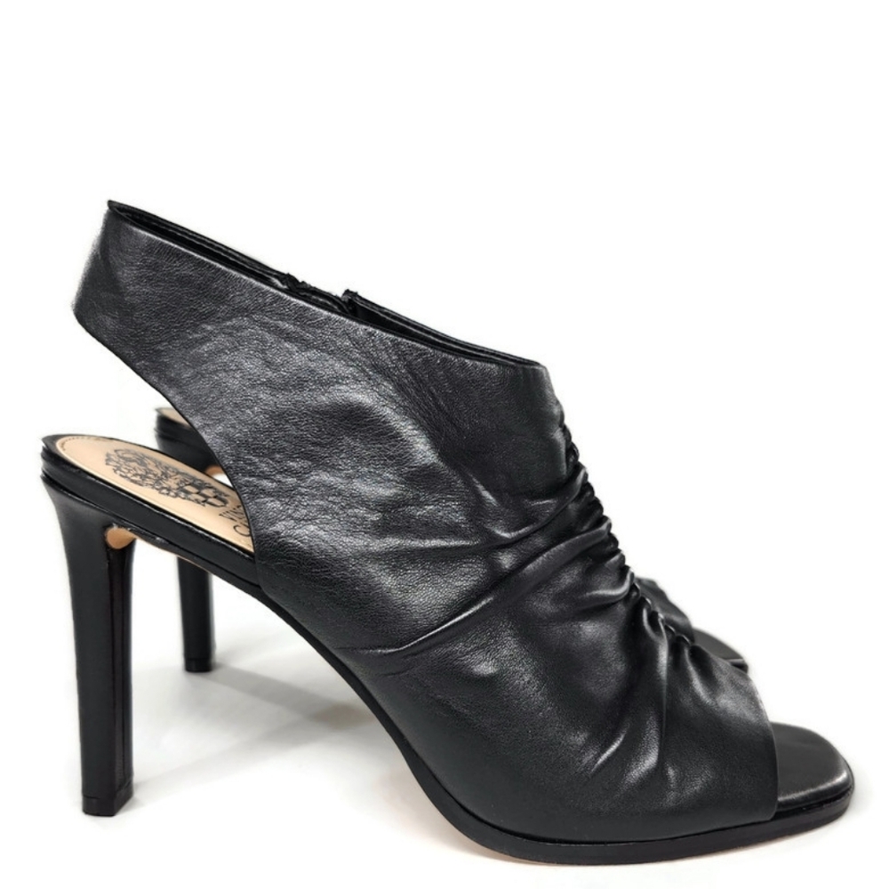 Vince Camuto Jenett Black Leather Rouched Open-Toe Sling-Back High-Heel Sandals - Picture 2 of 11
